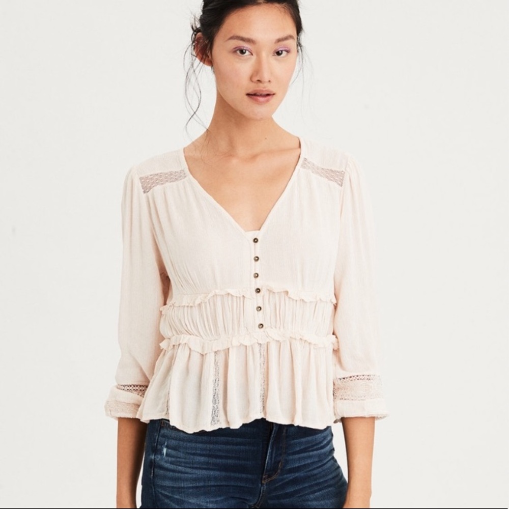 American Eagle Lacey Ruffle Waist Blouse - Boho